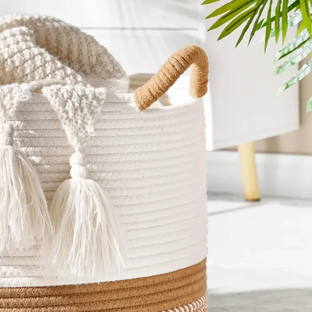 Cesta grande para cobertor, cestas tecidas para armazenamento, cesto para roupas de bebê, cesta de cobertor de corda de algodão para sala de estar, lavanderia