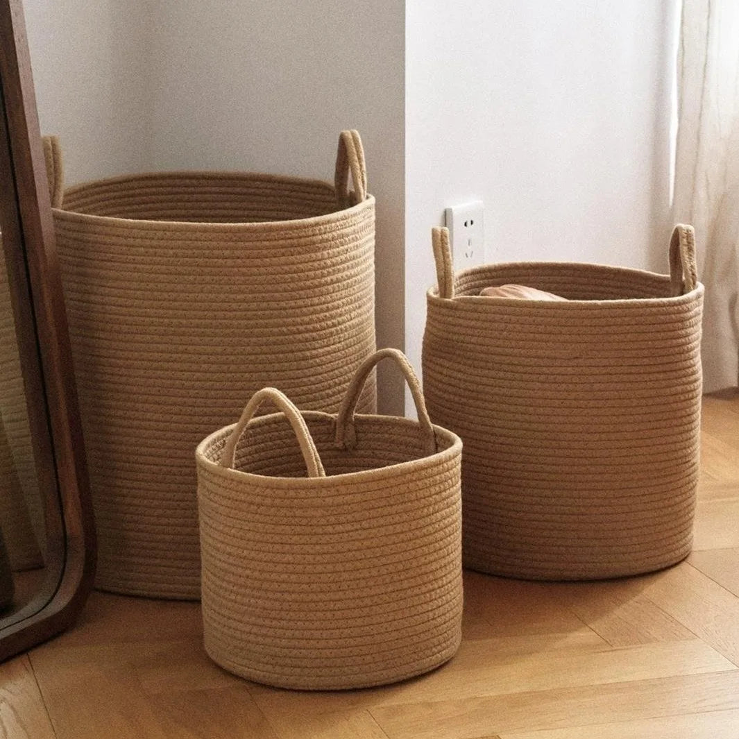Cestas de Armazenamento Brancas com Alças, Rattan, Tamanho S/M/L
