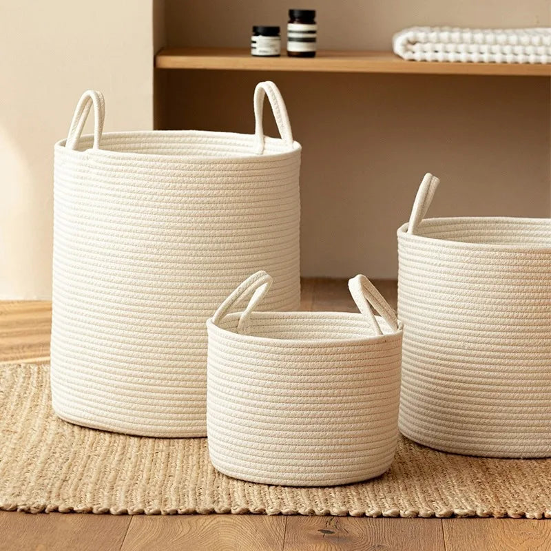 Cestas de Armazenamento Brancas com Alças, Rattan, Tamanho S/M/L