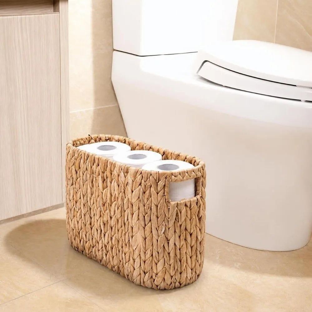 Cesto de Armazenamento de Papel Higiênico em Jacinto-d'água, Feito à Mão, Grande Capacidade, Cesto de Armazenamento para Banheiro com Alças Embutidas