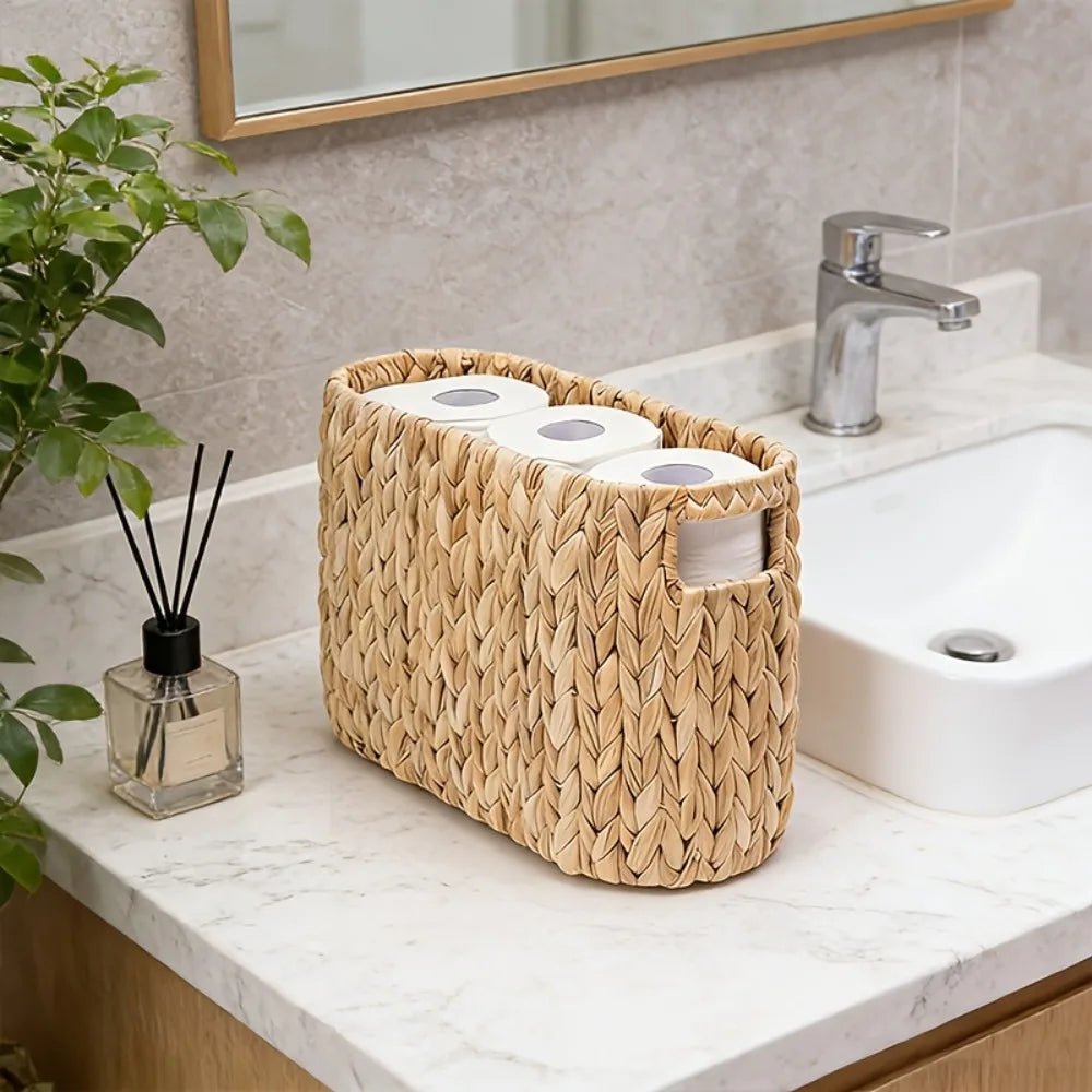 Cesto de Armazenamento de Papel Higiênico em Jacinto-d'água, Feito à Mão, Grande Capacidade, Cesto de Armazenamento para Banheiro com Alças Embutidas