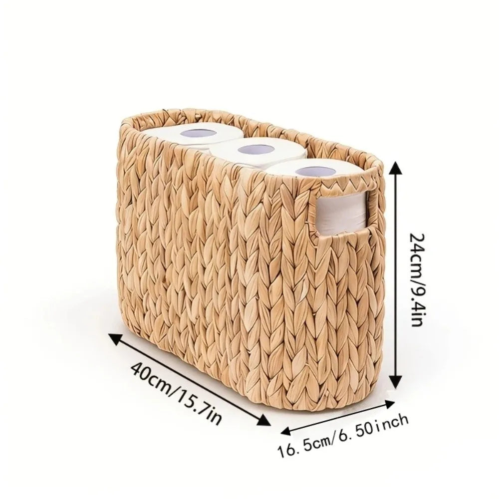 Cesto de Armazenamento de Papel Higiênico em Jacinto-d'água, Feito à Mão, Grande Capacidade, Cesto de Armazenamento para Banheiro com Alças Embutidas