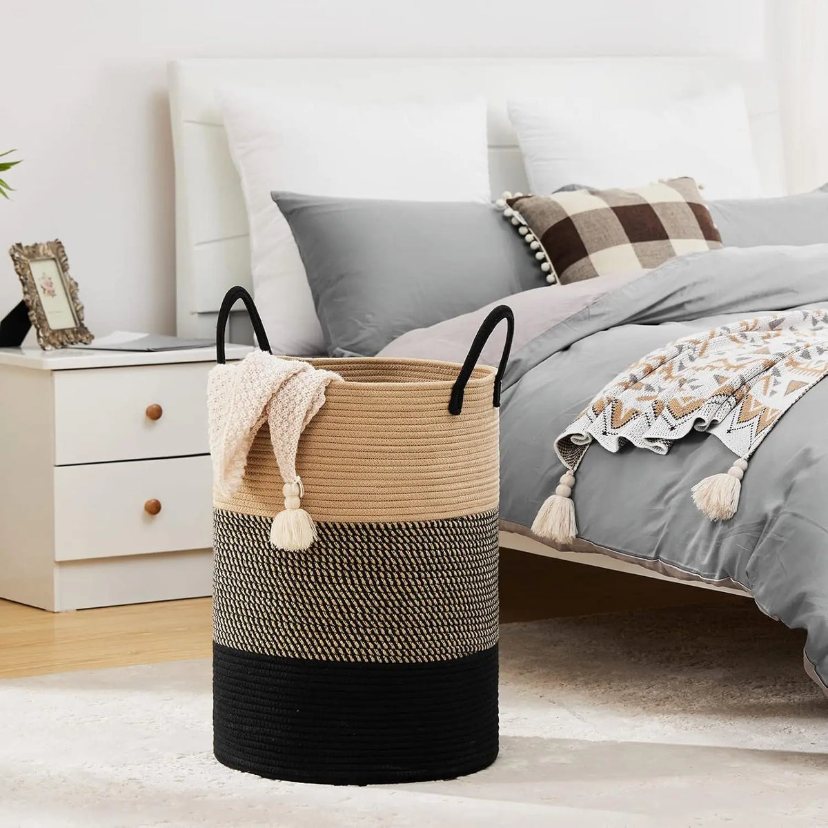 Cesto de Armazenamento Grande e Alto, Decorativo, Dobrável, de Corda de Algodão com Alças, para Roupas, Brinquedos Infantis e Sala de Estar