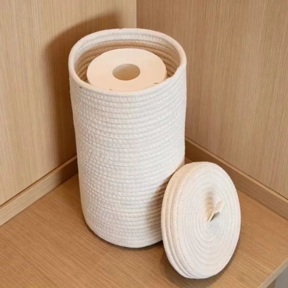 Cesto de Armazenamento para Rolos de Papel Higiênico Estilo Boêmio com Tampa, Cesto de Armazenamento Cilíndrico Autoportante e à Prova de Poeira