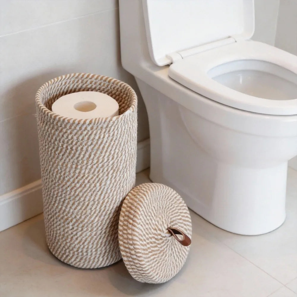 Cesto de Armazenamento para Rolos de Papel Higiênico Estilo Boêmio com Tampa, Cesto de Armazenamento Cilíndrico Autoportante e à Prova de Poeira