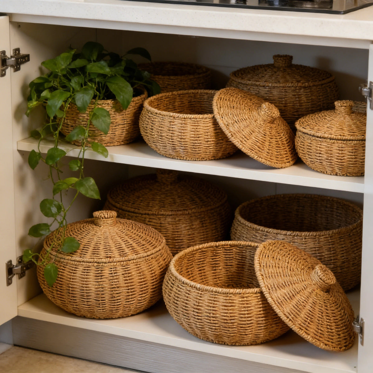 Cesto de Armazenamento Redondo de Vime Sintético Artesanal com Tampa, Caixa de Pão e Organizador de Frutas para Cozinha, Mesa de Jantar, Despensa e Decoração de Casa