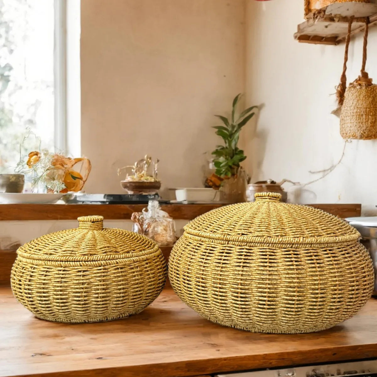 Cesto de Armazenamento Redondo de Vime Sintético Artesanal com Tampa, Caixa de Pão e Organizador de Frutas para Cozinha, Mesa de Jantar, Despensa e Decoração de Casa