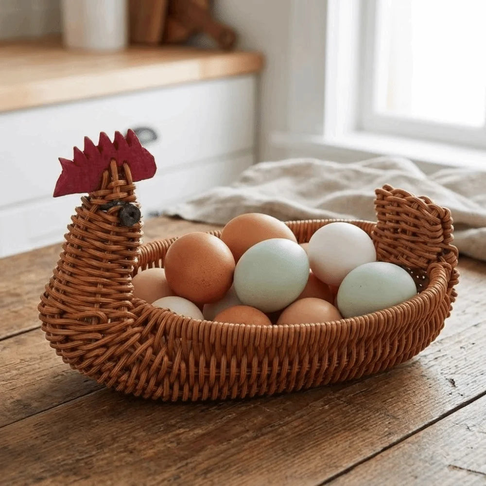 Cesto de Armazenamento Trançado com Aparência Natural, Cesto Rústico Multiuso em Formato de Galinha, Cesto Divertido de Plástico para Frutas, para Bancada de Cozinha
