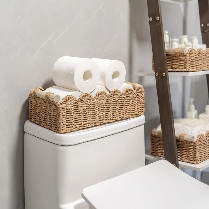 Cesto de Papel Higiênico Artesanal de Corda Natural com Alça de Madeira - Design Elegante com Borda Ondulada, Solução de Armazenamento Doméstico | Estilo Vintage
