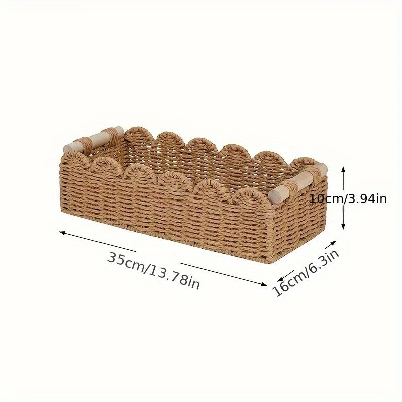 Cesto de Papel Higiênico Artesanal de Corda Natural com Alça de Madeira - Design Elegante com Borda Ondulada, Solução de Armazenamento Doméstico | Estilo Vintage