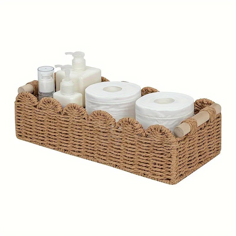 Cesto de Papel Higiênico Artesanal de Corda Natural com Alça de Madeira - Design Elegante com Borda Ondulada, Solução de Armazenamento Doméstico | Estilo Vintage