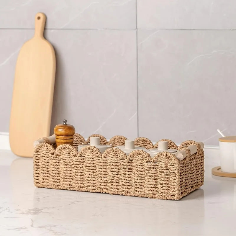 Cesto de Papel Higiênico Artesanal de Corda Natural com Alça de Madeira - Design Elegante com Borda Ondulada, Solução de Armazenamento Doméstico | Estilo Vintage