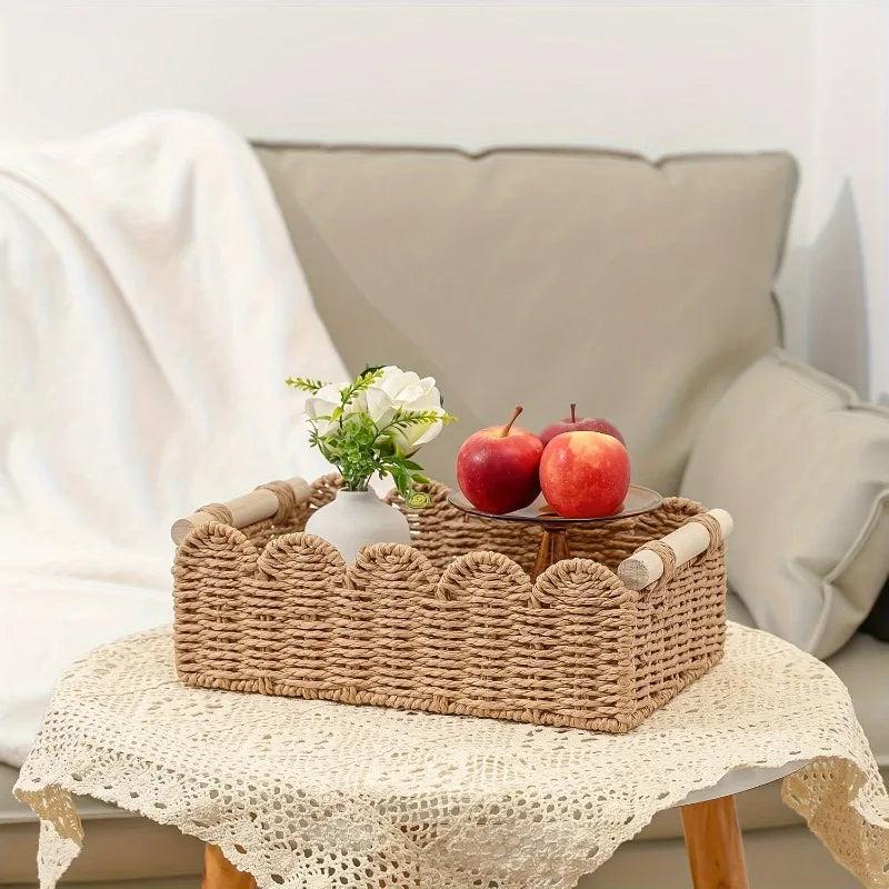 Cesto de Papel Higiênico Artesanal de Corda Natural com Alça de Madeira - Design Elegante com Borda Ondulada, Solução de Armazenamento Doméstico | Estilo Vintage