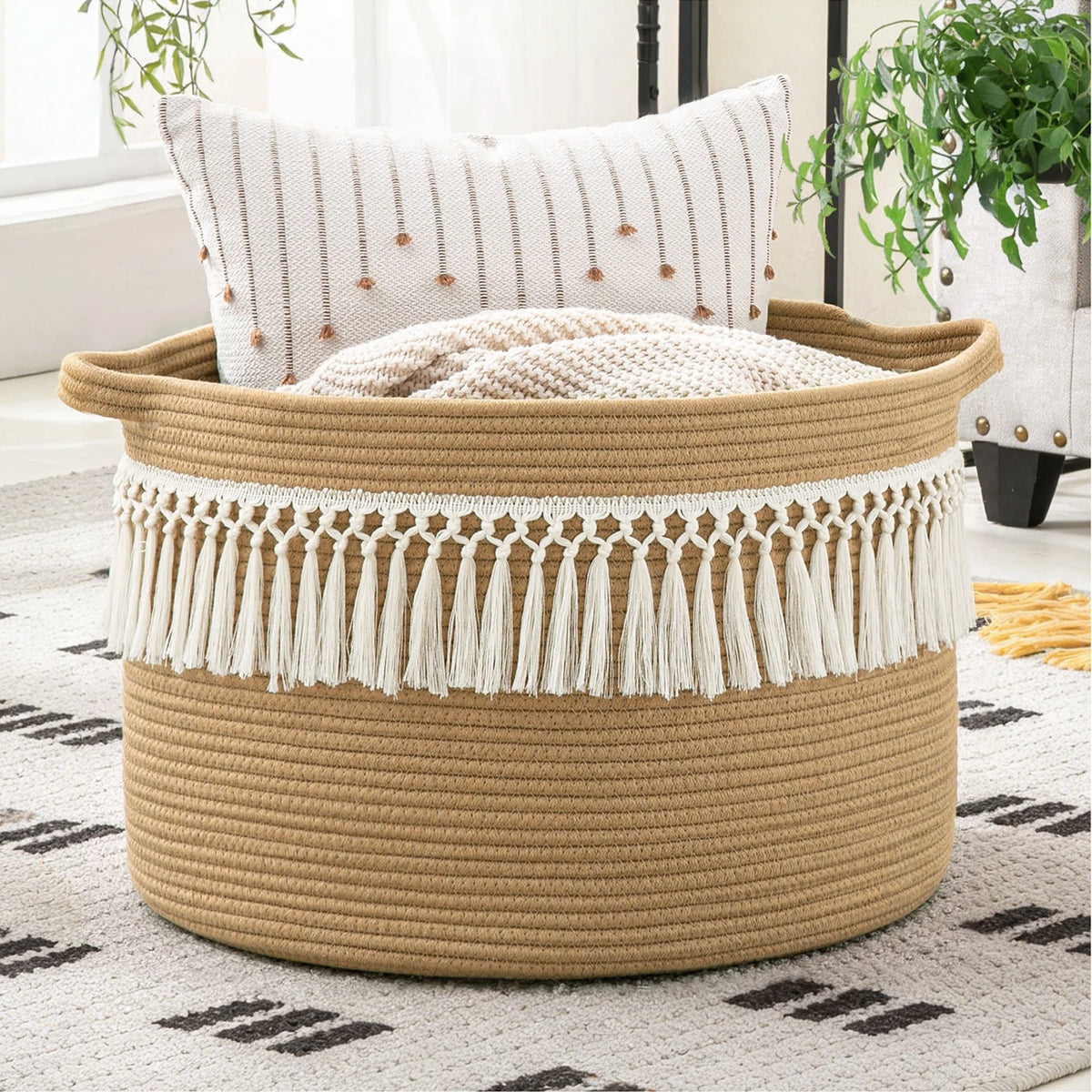 Cesto Grande para Cobertores, Cestos de Armazenamento Tecidos, Cesto de Roupa Suja para Bebê, Cesto de Brinquedos de Corda de Algodão para Sala de Estar, Lavanderia