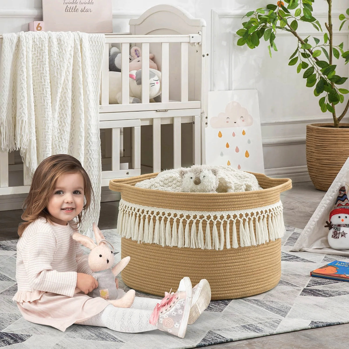 Cesto Grande para Cobertores, Cestos de Armazenamento Tecidos, Cesto de Roupa Suja para Bebê, Cesto de Brinquedos de Corda de Algodão para Sala de Estar, Lavanderia