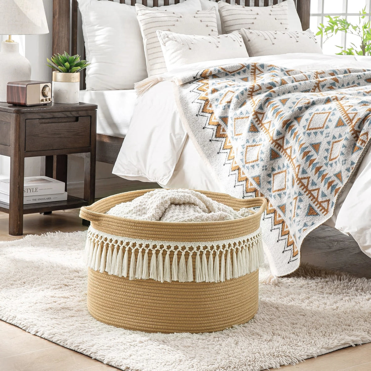 Cesto Grande para Cobertores, Cestos de Armazenamento Tecidos, Cesto de Roupa Suja para Bebê, Cesto de Brinquedos de Corda de Algodão para Sala de Estar, Lavanderia