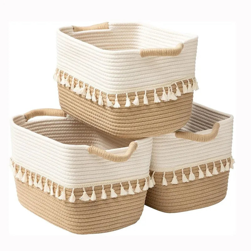 Cesto Organizador Boho 38x26x22cm em Vime com Borlas