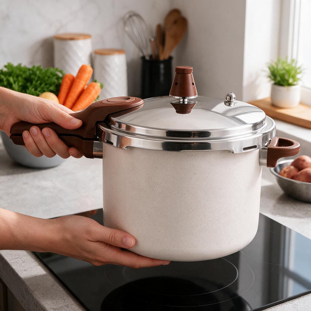Panela de Pressão Cerâmica 4,2L — em uso (mãos)