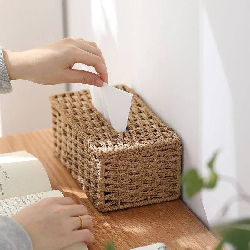 Nova caixa de tecido tecido imitação rattan tecido grama caixa armazenamento luxo suporte papel casa sala estar mesa decoração
