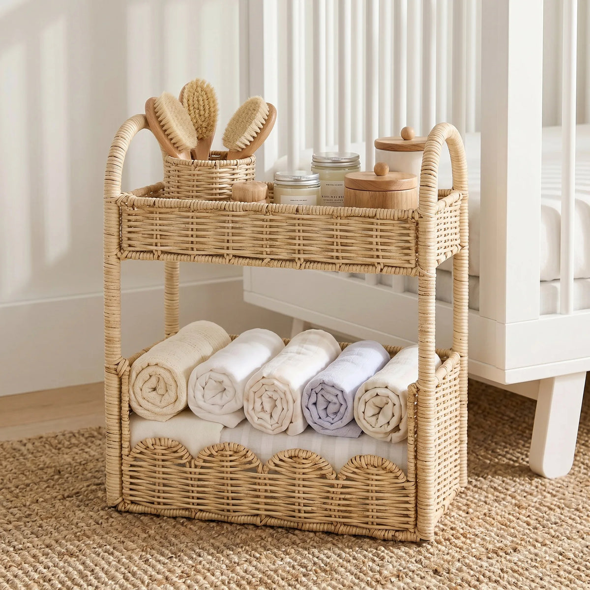 Prateleira de Armazenamento para Quarto de Bebê em Rattan Natural Feita à Mão, Organizador Móvel de Múltiplas Camadas para Quarto e Armazenamento em Casa