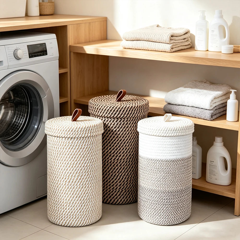 Suporte de Papel Higiênico Trançado e Cesto de Armazenamento com Tampa Multifuncional para Banheiro, Ideal para Economizar Espaço em Casa