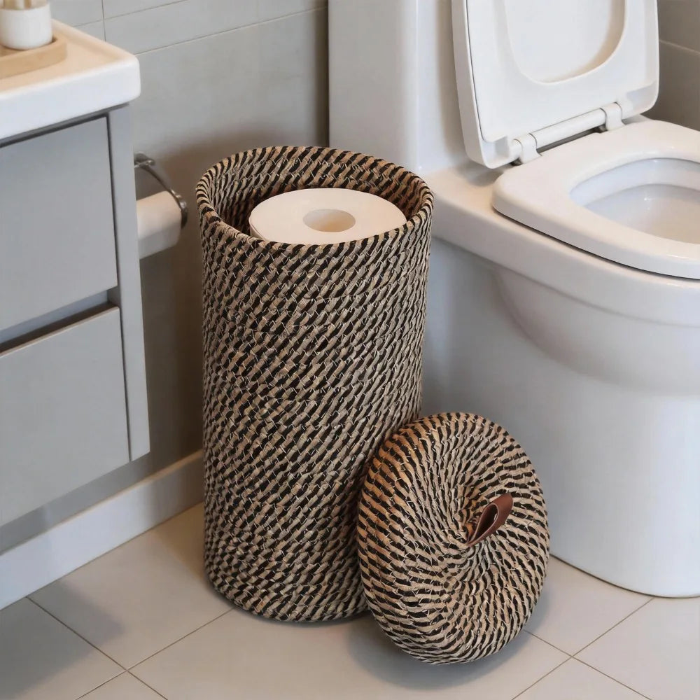 Suporte de Papel Higiênico Trançado e Cesto de Armazenamento com Tampa Multifuncional para Banheiro, Ideal para Economizar Espaço em Casa